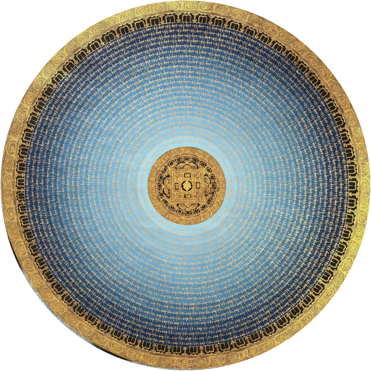 Blaues Mantra-Mandala mit goldenem Rand